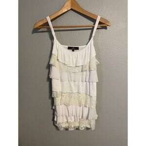 Almost Famous Womens Tank Top Size XL White Tiered Ruffle Floral Lace Dainty Y2K